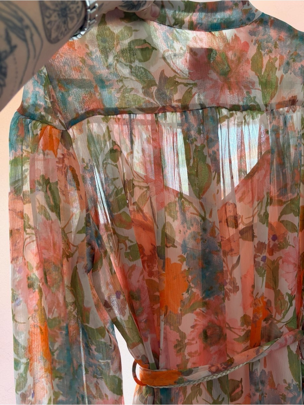 NWT Taylor Floral Tiered Chiffon Mini Dress Long Slv Sz 14 - Pink & Orange - Picture 16 of 16